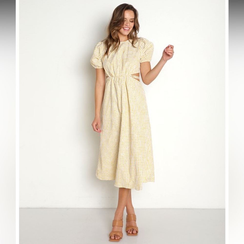 En Saison Gingham Floral Embroidery Kanika Midi Dress Puff Sleeve NWT L